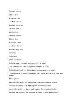 Genitivo: -(n)ýn
Dativo: -(y)a
Acusativo: -(y)ý
Locativo: -da, -ta
Ablativo: -dan, -tan
Después de o, u:
Nominativo: -
Geniti