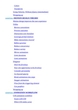 Colors
Transforms
Using Velocity: Without jQuery (intermediate)
Wrapping up
CHAPTER 3 MOTION DESIGN THEORY
Motion design impr