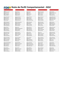 Teste de Perfil Comportamental - DISC
Preencha esta coluna.
Preencha esta coluna.
Preencha esta coluna.
Preencha esta coluna.