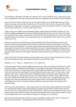 Guided Meditation Script  
 
[Turn off phones, dim lights, soft largo instrumental music or similar relaxation music. Instr