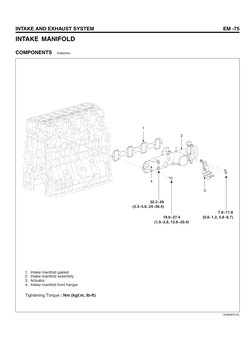 INTAKE AND EXHAUST SYSTEM
EM -75
INTAKE MANIFOLD
COMPONENTS
EDBED9AC
1
2
3
4
32.3~49
(3.3~5.0, 24~36.4)
18.6~27.4
(1.9~2.8, 1
