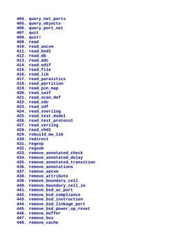 404. query_net_ports
405. query_objects
406. query_port_net
407. quit
408. quit!
409. read
410. read_aocvm
411. read_bsdl
412