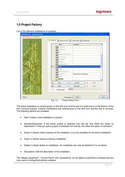 Pag. 10 
Introduction 
 
 
1.5 Project Factory 
List of the different installations or projects: 
 
Fig. 1.2 
Project fac