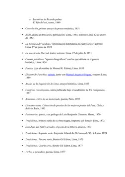 o
Las obras de Ricardo palma                                                                       
El hijo del sol, teatro,