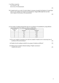 3. (a) What is meant by
      (i) consistency  and
     (ii) accuracy of a measurement
[2]
(b) A student tried to use a pair