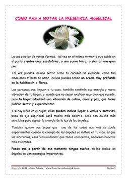 Copyright 2014 – Charo Adhara     www.Conectarconlosangeles.com 
Página 9 
 
COMO VAS A NOTAR LA PRESENCIA ANGELICAL 
 
La va