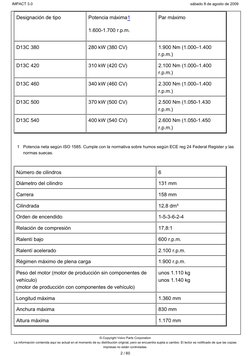 Designación de tipo
Potencia máxima1
1.600-1.700 r.p.m.
Par máximo
D13C 380
280 kW (380 CV)
1.900 Nm (1.000–1.400
r.p.m.)
D13