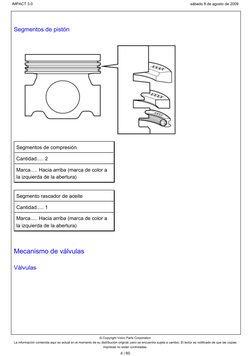 Segmentos de pistón
Segmentos de compresión
Cantidad..... 2
Marca..... Hacia arriba (marca de color a
la izquierda de la aber