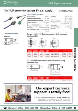 NAMUR proximity sensors 8V d.c. supply
Connection diagram
Technical specification
Supply voltage . . . . . . . . . . . . . .