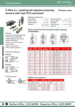 3 Wire d.c. metal barrel inductive proximity
sensors with 4 pin M12 connector
Features
Standard or extended sensing range
F