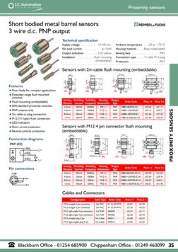 Short bodied metal barrel sensors
3 wire d.c. PNP output
Pin connections
Technical specification
Supply voltage . . . . . . .