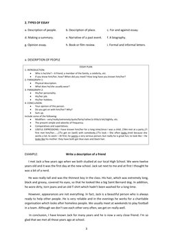 3 
 
2. TYPES OF ESSAY 
a. Description of people. 
b. Description of place.  
c. For and against essay. 
d. Making a summary.