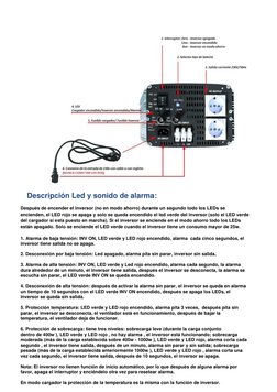 Descripción Led y sonido de alarma: 
Después de encender el inversor (no en modo ahorro) durante un segundo todo los LEDs s