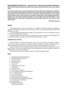 ESGOTAMENTO ESPIRITUAL – Quando Fazer Todo O Possível Não É Suficiente 
SMITH, Malcolm. Esgotamento Espiritual: Quando fazer
