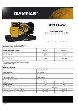Marca e modelo do motor :
Tipo/Classificação do disjuntor :
Capacidade do tanque de combustível:  litros (gal EUA)
Freqüência
