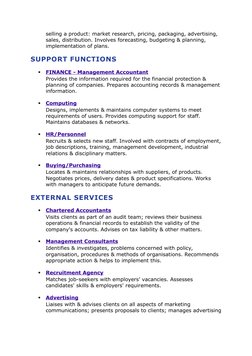 selling a product: market research, pricing, packaging, advertising, 
sales, distribution. Involves forecasting, budgeting &