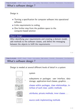 Design & principles
GRASP
Expert
Creator
Low coupling
High cohesion
Controller
Polymorphism
Pure fabrication
What’s software