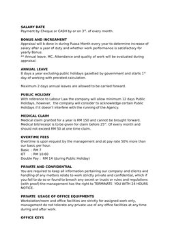 SALARY DATE
Payment by Cheque or CASH by or on 3rd. of every month.
BONUS AND INCREAMENT
Appraisal will b done in during Puas