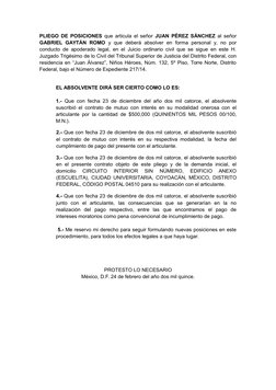 PLIEGO DE POSICIONES  que articula el señor  JUAN PÉREZ SÁNCHEZ al señor
GABRIEL  GAYTÁN  ROMO y  que  deberá  absolver  en