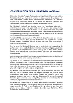 CONSTRUCCION DE LA IDENTIDAD NACIONAL
El término "Identidad" según Real Academia Española (2001), es una palabra
latina (iden