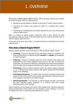 SEO 
1 
 
SEO stands for Search Engine Optimization. SEO is all about optimizing a website 
for search engines. SEO is a tech