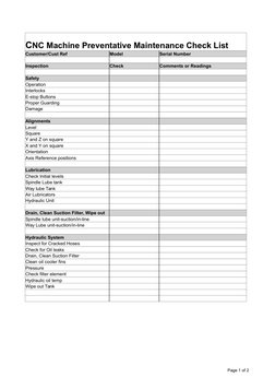Page 1 of 2
CNC Machine Preventative Maintenance Check List 
Customer/Cust Ref
Model
Serial Number
Inspection
Check
Comments