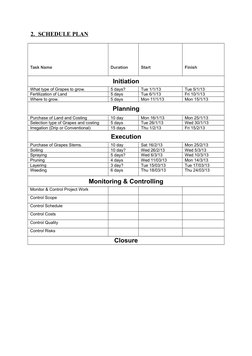2.      SCHEDULE PLAN
Task Name 
Duration 
Start 
Finish 
Initiation
What type of Grapes to grow.
5 days? 
Tue 1/1/13 
Tue 5/