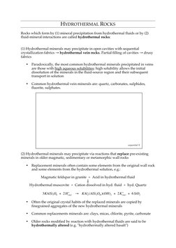 HYDROTHERMAL ROCKS 
 
Rocks which form by (1) mineral precipitation from hydrothermal fluids or by (2) 
fluid-mineral interac