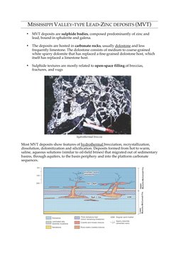 MISSISSIPPI VALLEY-TYPE LEAD-ZINC DEPOSITS (MVT) 
 
• MVT deposits are sulphide bodies, composed predominantly of zinc and 
l