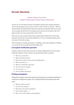 Socratic Questions
 
Techniques > Questioning > Socratic Questions
Conceptual | Assumptions | Rationale | Viewpoint | Implica