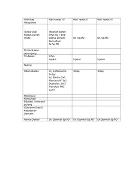 Aktivitas 
Pelayanan
Hari rawat  IV
Hari rawat V
Hari rawat VI
 
Tanda vital
Status cairan
Visite 
Tekanan darah
Infus RL +dr