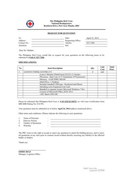 The Philippine Red Cross 
National Headquarters
Bonifacio Drive, Port Area Manila, 2803
REQUEST FOR QUOTATION
To:
Date:
April