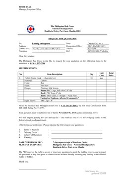 EDDIE DIAZ
Manager, Logistics Office
The Philippine Red Cross 
National Headquarters
Bonifacio Drive, Port Area Manila, 2803