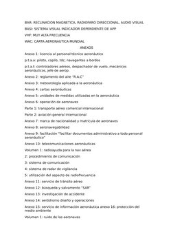 BAR: RECLINACION MAGNETICA, RADIOFARO DIRECCIONAL, AUDIO VISUAL
BASI: SISTEMA VISUAL INDICADOR DEPENDIENTE DE APP 
VHF: MUY A