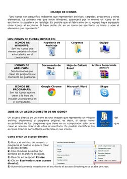 MANEJO DE ICONOS
 “Los iconos son pequeñas imágenes que representan archivos, carpetas, programas y otros
elementos.  La  pri