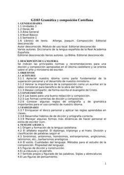 G1103 Gramática y composición Castellana
1. GENERALIDADES
1.1 Unidades 3
1.2 Horas 48
1.3 Área General
1.4 Nivel Básico
1.5 S