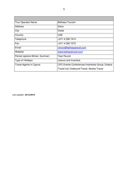 5 
 
Tour Operator Name  
Belhasa Tourism 
Address  
Deira 
City  
Dubai 
Country  
UAE 
Telephone  
+971 4 295 747