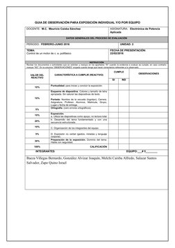 GUIA DE OBSERVACIÓN PARA EXPOSICIÓN INDIVIDUAL Y/O POR EQUIPO
DOCENTE:  M.C.  Mauricio Caixba Sánchez
ASIGNATURA:   Electróni