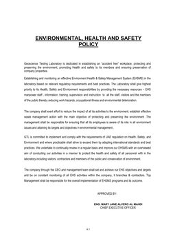 ENVIRONMENTAL, HEALTH AND SAFETY
POLICY