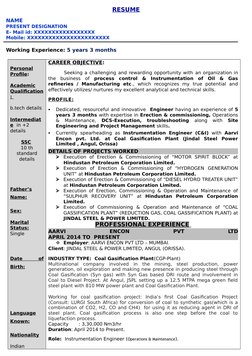 RESUME
NAME
PRESENT DESIGNATION
E- Mail id: XXXXXXXXXXXXXXXXX
Mobile: XXXXXXXXXXXXXXXXXXXXXXX
Working Experience: 5 years 3 m