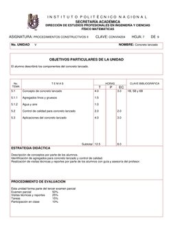 ASIGNATURA: PROCEDIMIENTOS CONSTRUCTIVOS II         CLAVE: CONVII4204        HOJA: 7        DE  9 
 
No. UNIDAD      V