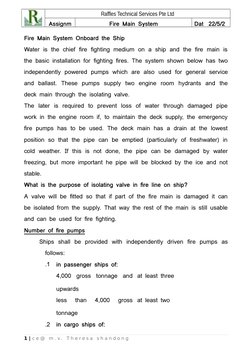 Raffles Technical Services Pte Ltd
Assignm
Fire Main System
Dat
22/5/2
Fire Main System Onboard the Ship
Water is the chief f