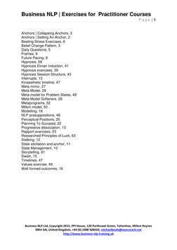 Business NLP | Exercises for  Practitioner Courses 
P a g e  | 1 
 
 
Business NLP Ltd, Copyright 2015, PPI House, 120 Porthc