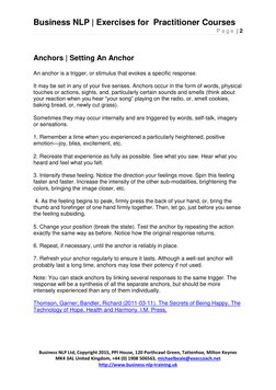 Business NLP | Exercises for  Practitioner Courses 
P a g e  | 2 
 
 
Business NLP Ltd, Copyright 2015, PPI House, 120 Porthc