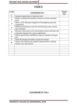 MACHINE TOOL DESIGN LAB MANUAL
INDEX
S.NO
.
EXPERIMENTS
PAGE
NO.
1
General requirement of machine tools
2
Define working and