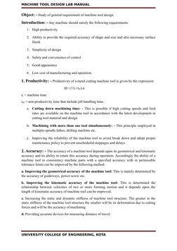 MACHINE TOOL DESIGN LAB MANUAL
Object: - Study of general requirement of machine tool design.
Introduction: - Any machine sho