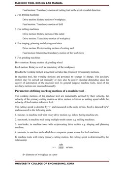 MACHINE TOOL DESIGN LAB MANUAL
Feed motion: Translatory motion of cutting tool in the axial or radial direction 
2 .For drill