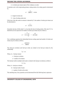 MACHINE TOOL DESIGN LAB MANUAL
n= revolution per minute (rpm) of the workpiece or cutter
In machine tools with reciprocating