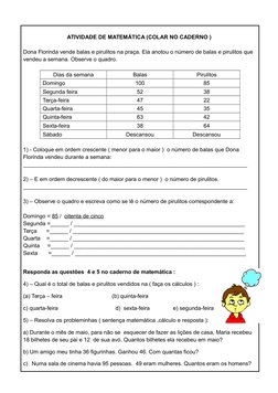ATIVIDADE DE MATEMÁTICA (COLAR NO CADERNO ) 
Dona Florinda vende balas e pirulitos na praça. Ela anotou o número de balas e p
