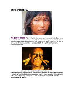 ARTE INDÍGENA
 O que é índio? Um índio não chama nem a si mesmo de índio. Esse nome 
veio trazido pelos colonizadores no séc.